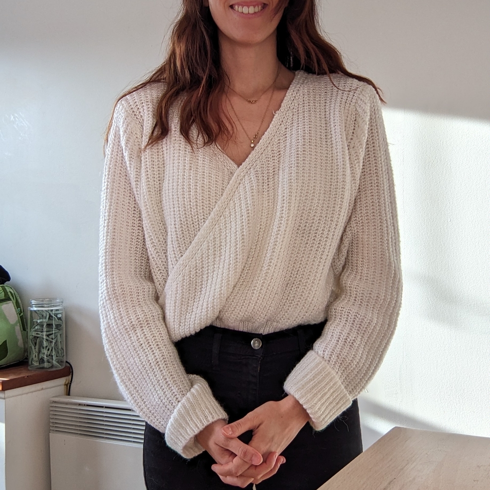 White Crop Wrap Knit Sweater With A V-neck